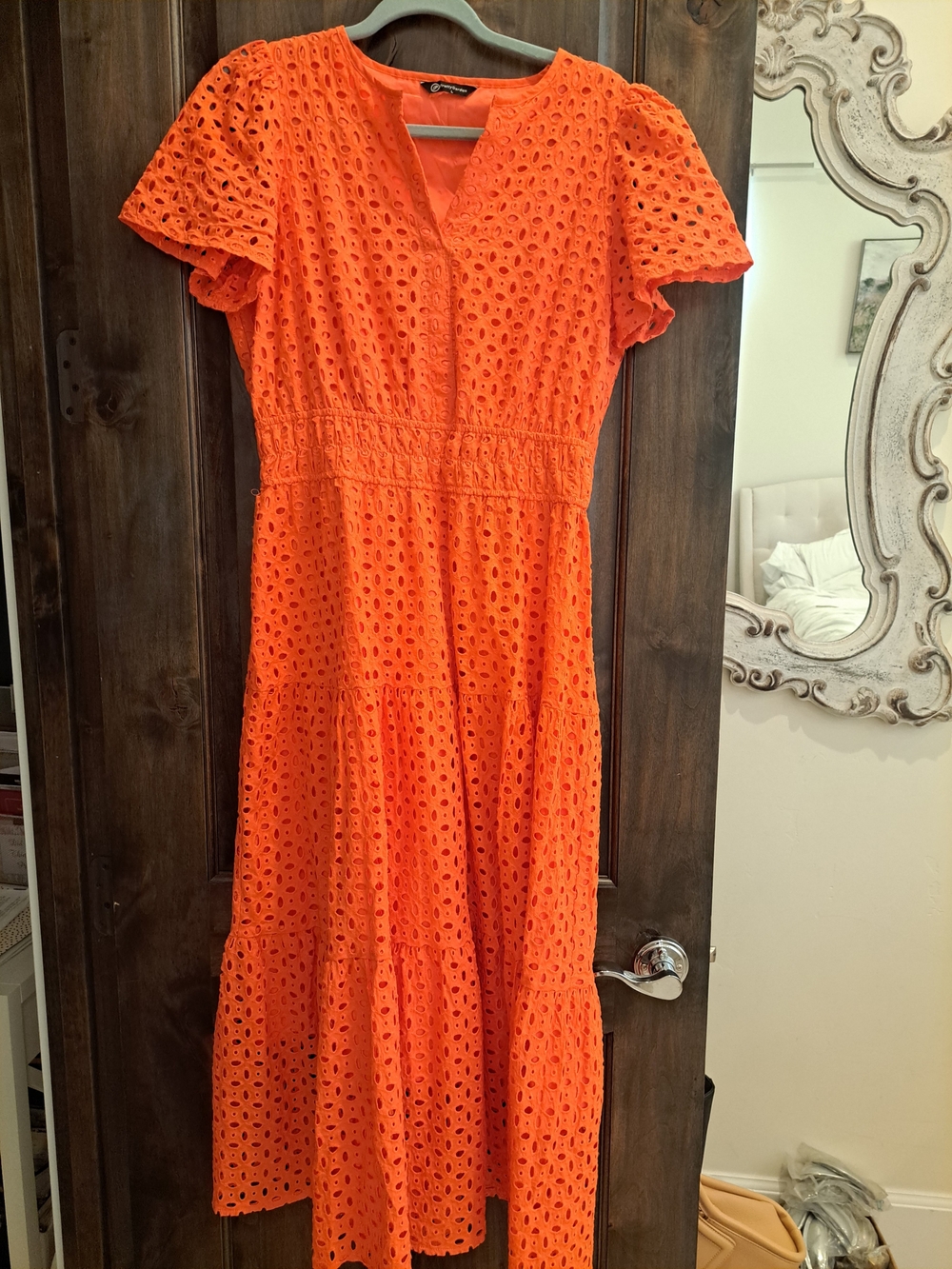 Eyelet Tiered Midi Dress - Orange